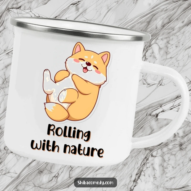 Funny Shiba Inu camping mug featuring a dog rolling on its back, ready for outdoor fun and a dose of humor.