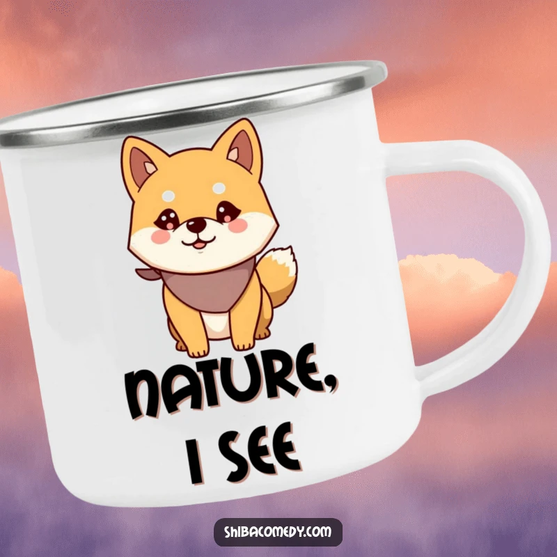 Funny Alert Shiba Inu Camping Mug: Enamel cup featuring an alert dog in a bandana, ready for outdoor enjoyment.