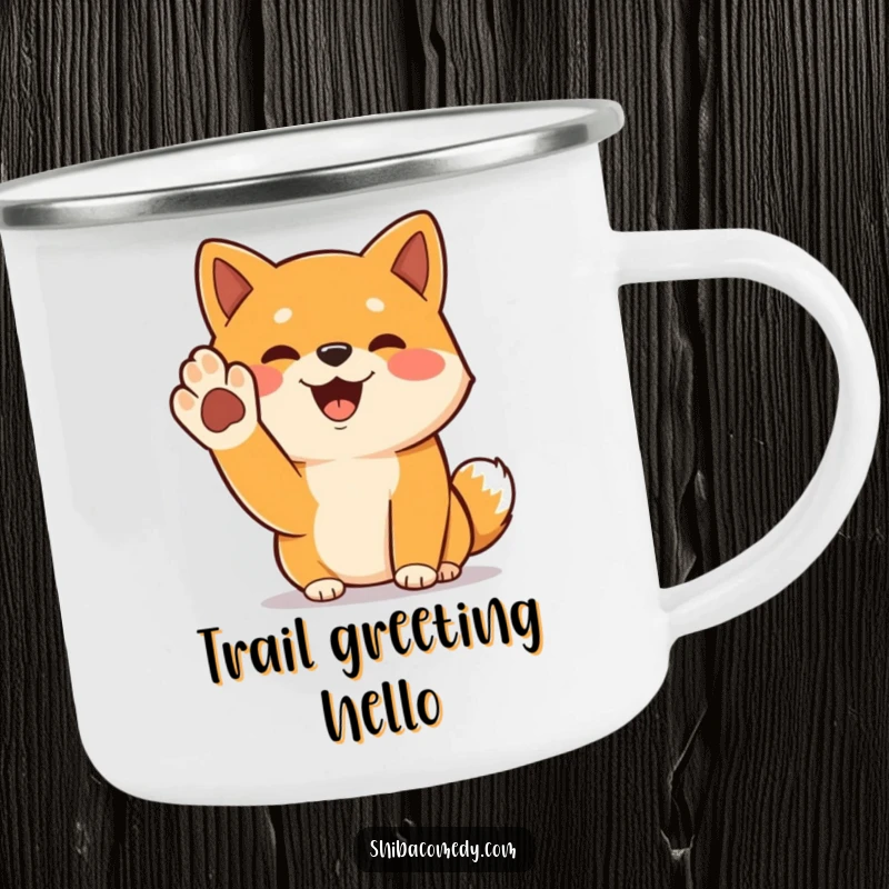 Funny Shiba Inu camping mug showing a cheerful dog with its paw raised in a greeting, ready for adventure.