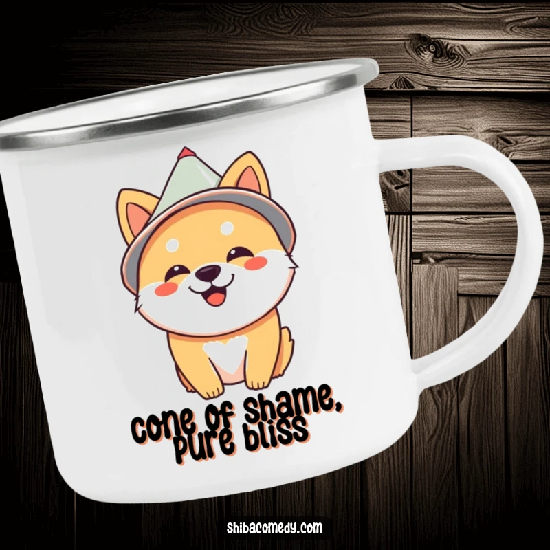 Funny Shiba Inu in a cone hat, happy and ready for adventure, on a humorous camping mug.
