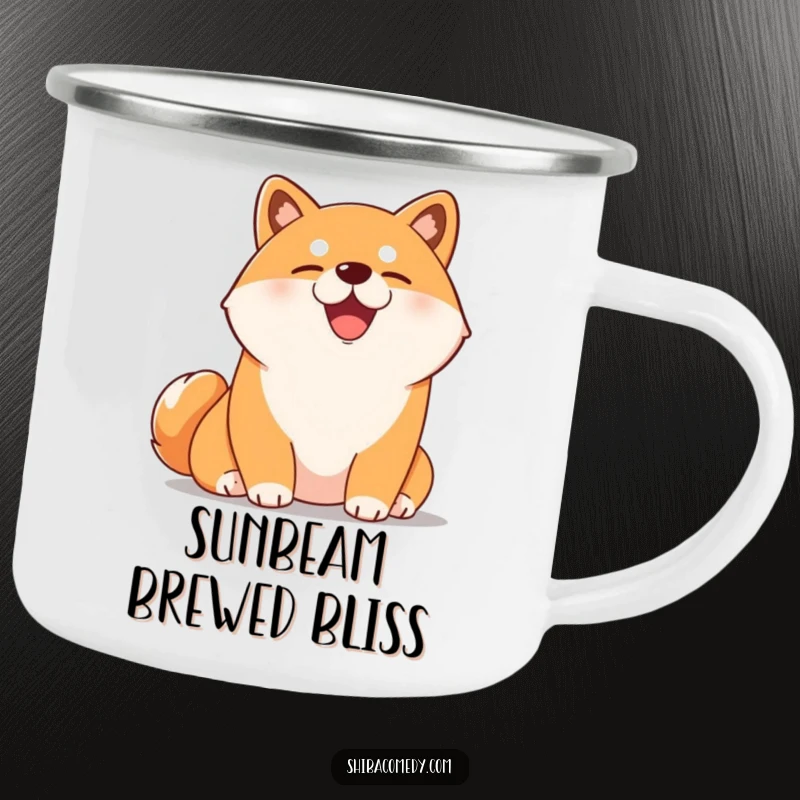 Funny Shiba Inu camping mug showing a content dog enjoying a sunny spot, durable enamel for outdoor use.