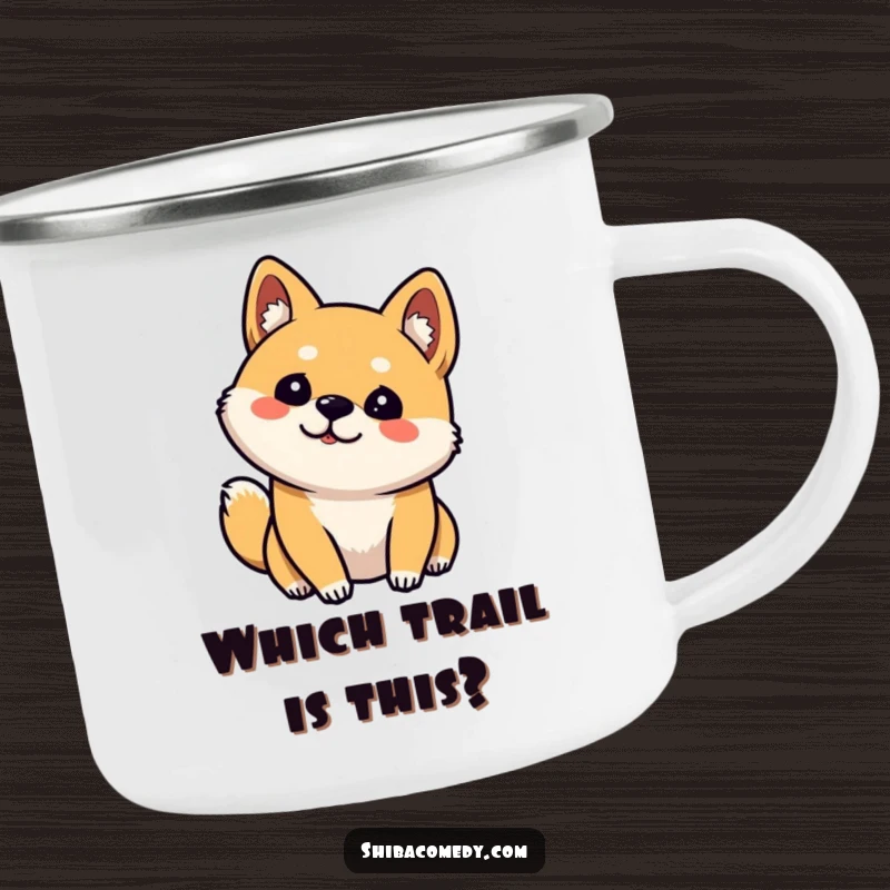 Funny Shiba Inu Camping Mug: Enamel cup with a curious dog tilting its head, one ear up, perfect for outdoor sipping.