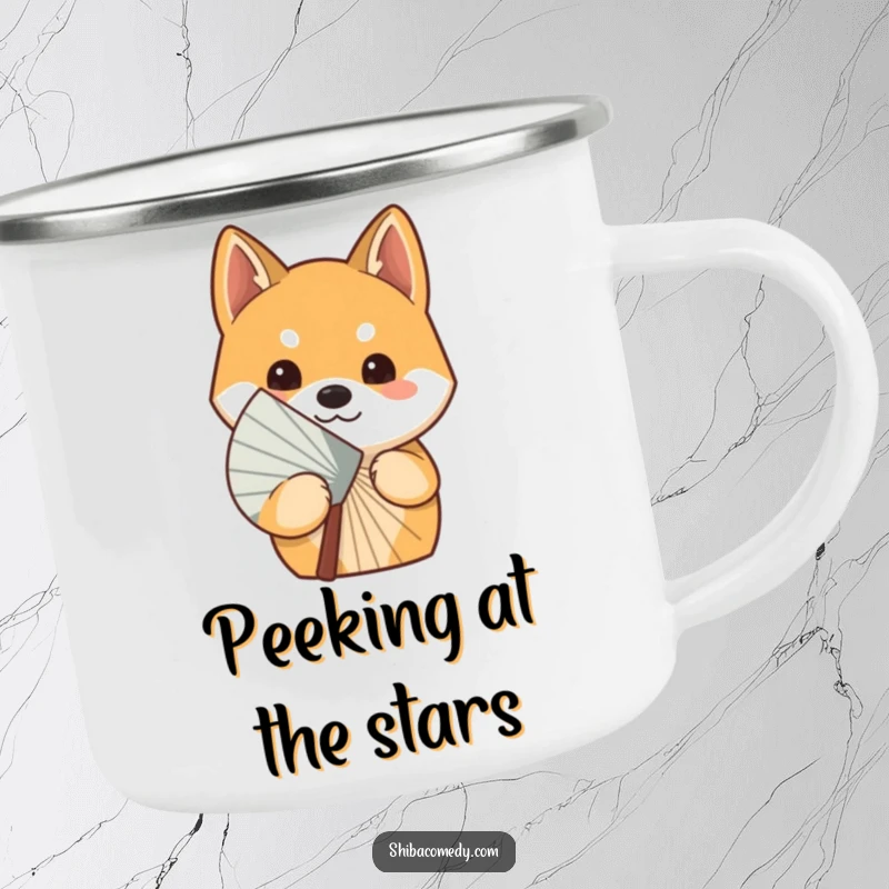 Funny curious Shiba Inu dog peeking from behind a fan on a rugged camping mug, ready for outdoor adventures and playful moments.