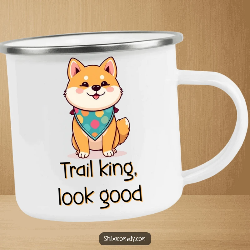 Funny Shiba Inu camping mug with a proud dog in a bandana, perfect for enjoying hot beverages during outdoor adventures with a smile.