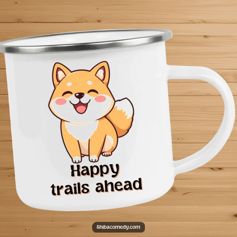 Funny happy Shiba Inu dog smiling and wagging its tail on a rugged camping mug, ready for outdoor fun and cheerful moments.