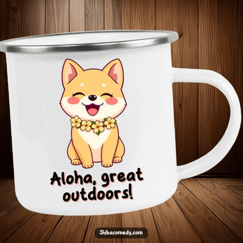 Funny Shiba Inu camping mug with a happy dog wearing a flower lei, perfect for outdoor adventures and hot beverages.