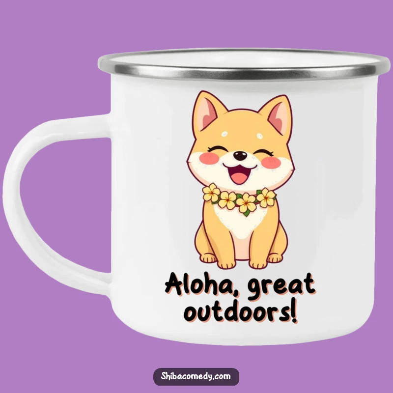 Funny Joyful Shiba Inu Flower Lei Camping Mug: Aloha Adventure Gift