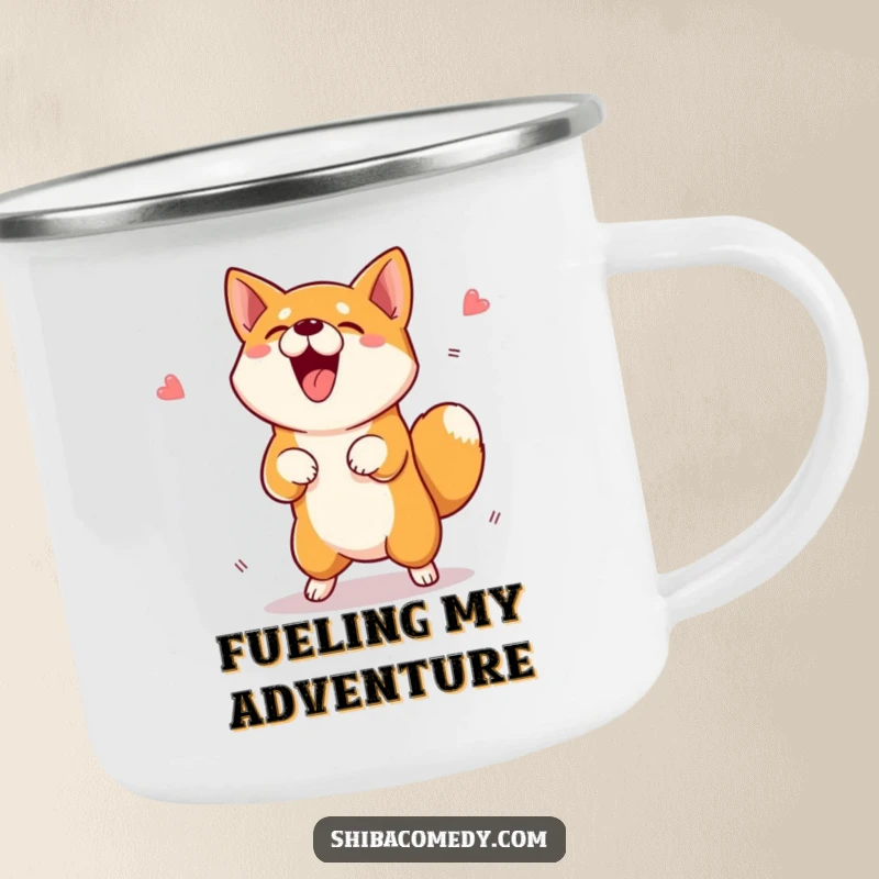 Funny Shiba Inu Camping Mug with an excited dog jumping for a treat, ideal for outdoor fun and a funny gift.
