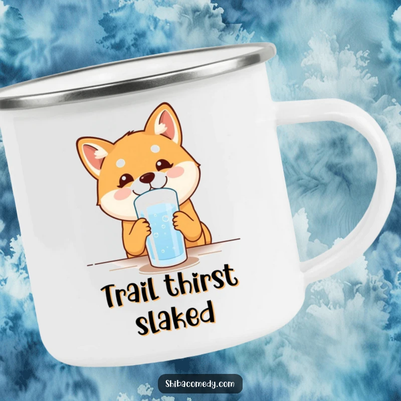 Funny Shiba Inu Camping Mug: A happy dog drinks water during an adventure, perfect for outdoor fun and humor.