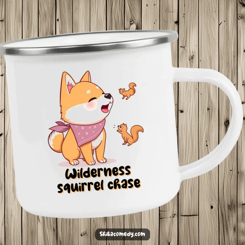 Funny camping mug with a Shiba Inu in a bandana, barking at a squirrel, perfect for enjoying drinks outdoors with a smile.