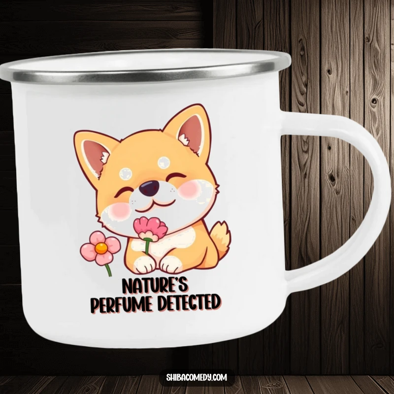Funny camping mug featuring a Shiba Inu dog curiously sniffing a flower, perfect for enjoying drinks outdoors with a touch of charm.