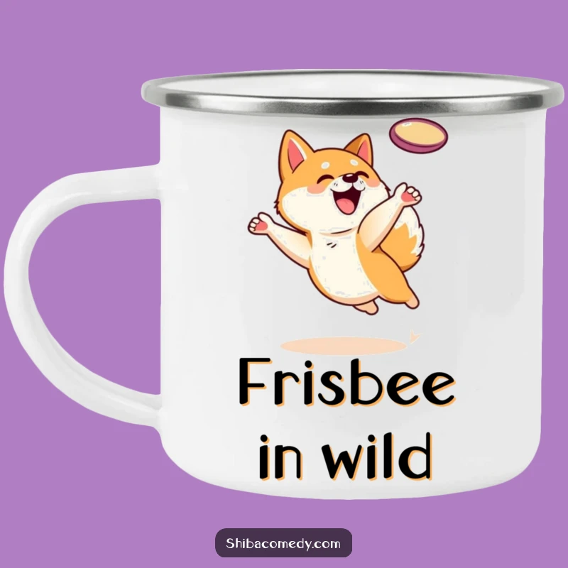 Funny Shiba Inu Camping Mug: Frisbee Leap Adventure, Your Active Trail Buddy
