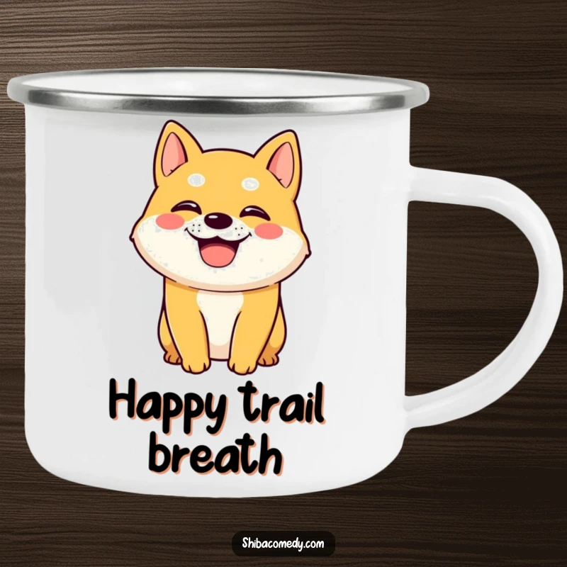 Funny Shiba Inu dog character with a wide grin and panting on a camping mug, ready for campfire tales and cheerful sips.