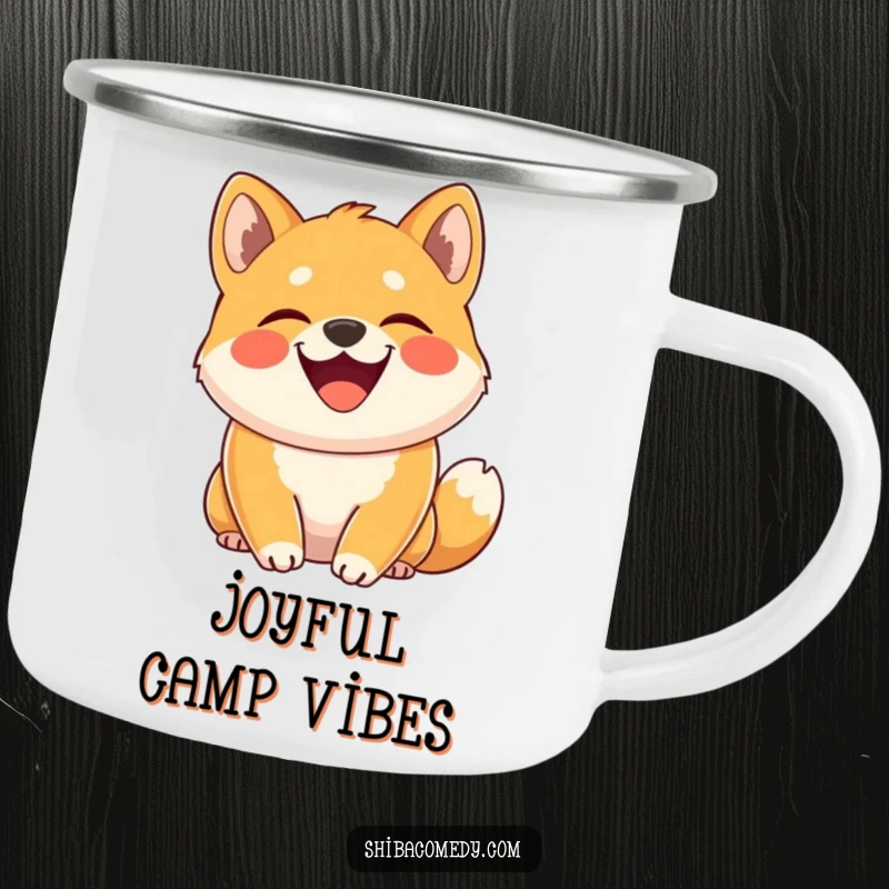 Funny Shiba Inu camping mug showcasing a dog grinning happily with tail curled high, perfect for outdoor humor and joy.