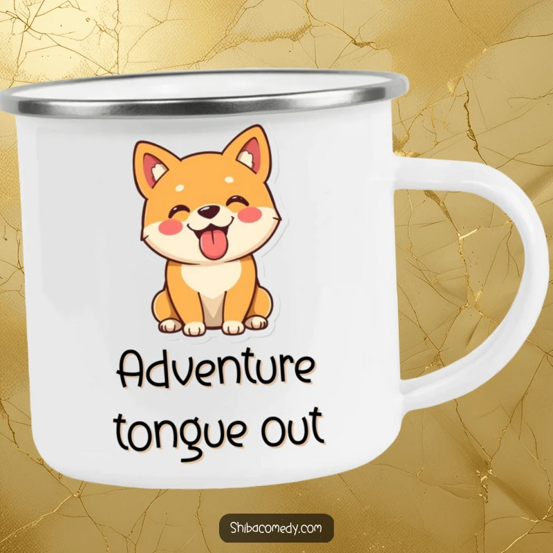 Funny Shiba Inu camping mug showing a playful dog sitting with its tongue out, bringing happiness to outdoor adventures.