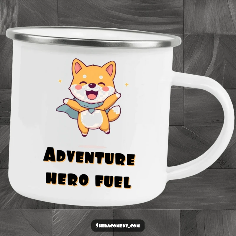 Funny Shiba Inu dog wearing a tiny cape, leaping joyfully on a rugged camping mug, ready for heroic outdoor adventures.