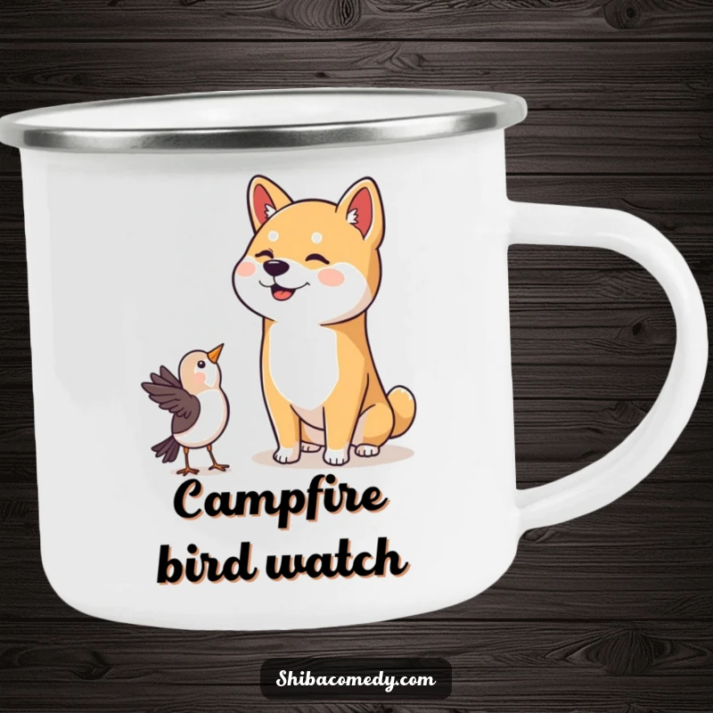 Funny Shiba Inu Camping Mug: A cute Shiba Inu with a happy head tilt watches a bird, designed for outdoor enjoyment and humor.