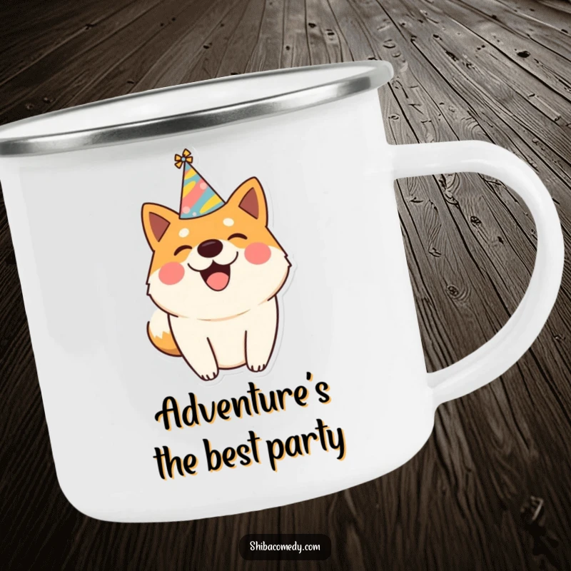Funny camping mug featuring a happy Shiba Inu dog in a party hat, wagging its tail, ready for outdoor festivities.
