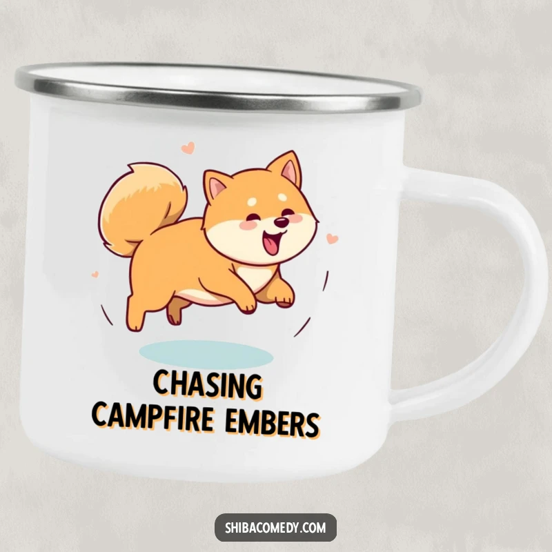 Funny Shiba Inu dog energetically spinning in a circle chasing its tail on a rugged camping mug, ready for outdoor fun and hilarious moments.