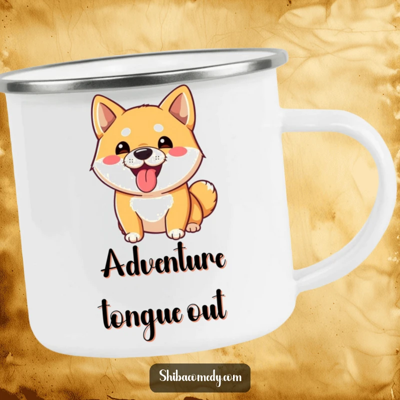 Funny Shiba Inu Camping Mug: A playful Shiba Inu dog sticks its tongue out, ideal for humorous sipping on adventures.