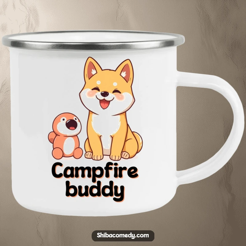 Funny camping mug featuring a proud Shiba Inu with a goofy smile, sitting next to its toy.