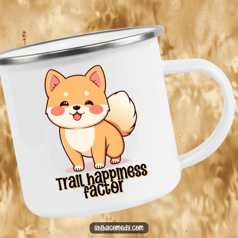 Funny Shiba Inu Camping Mug with a happy dog wagging its tail, ideal for outdoor fun and a funny gift.