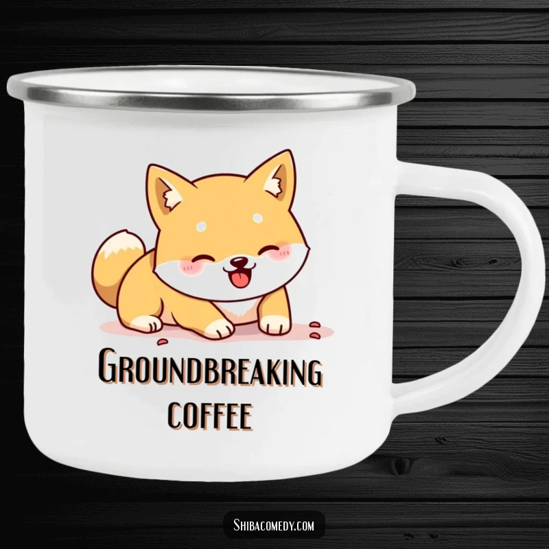 Funny enamel camping mug featuring a Shiba Inu energetically digging with its paws, perfect for outdoor humor and gifting.