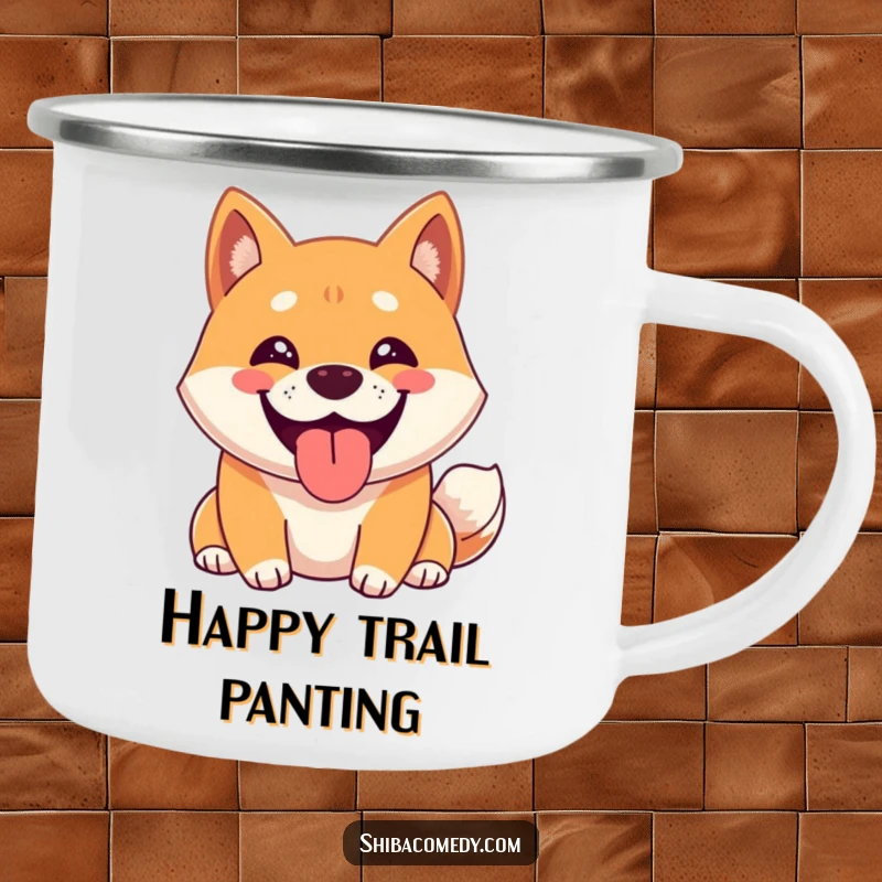 Funny Shiba Inu Camping Mug featuring a happy Shiba Inu character with a wide grin, panting, bringing outdoor fun and humor.