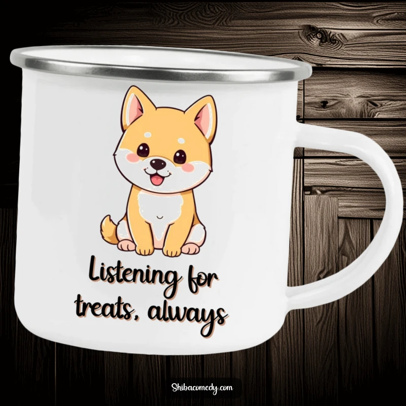 Funny Shiba Inu with perky ears sitting attentively, a humorous camping mug for outdoor fun.