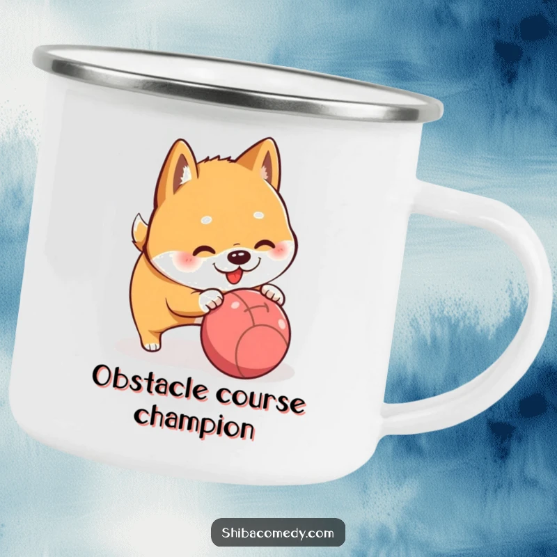 Funny Shiba Inu playfully nudging a rolling ball, a humorous camping mug for outdoor fun.