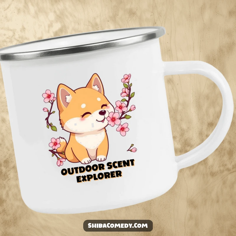 Funny Shiba Inu camping mug featuring a gentle dog sniffing a cherry blossom, perfect for peaceful outdoor enjoyment.