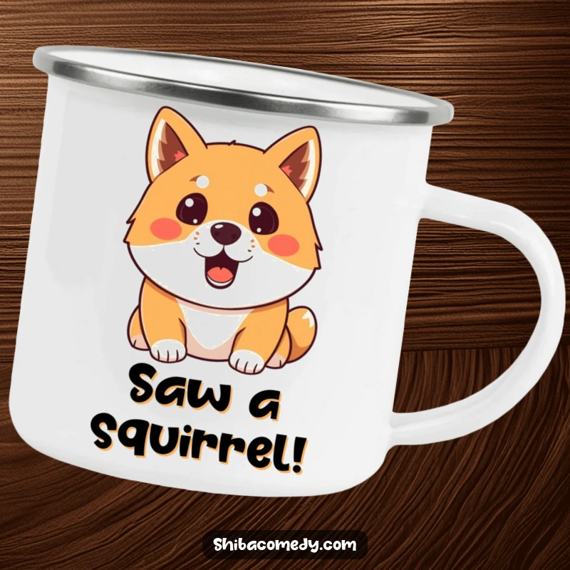 Funny surprised Shiba Inu camping mug showing a dog with its mouth open in a hilarious expression of shock.