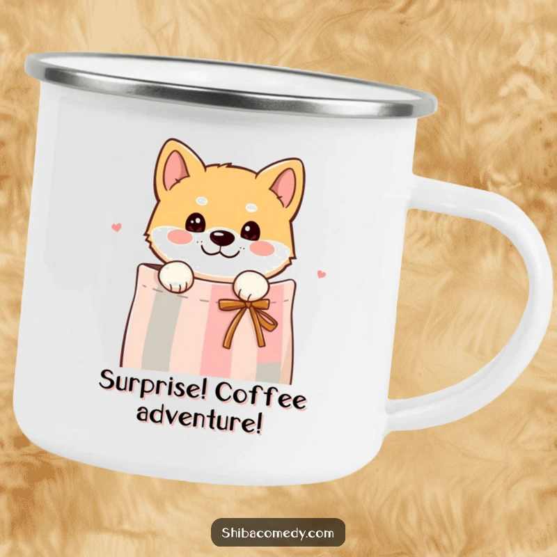 Funny camping mug featuring a curious Shiba Inu dog peeking its head out from a gift bag, perfect for camp surprises.