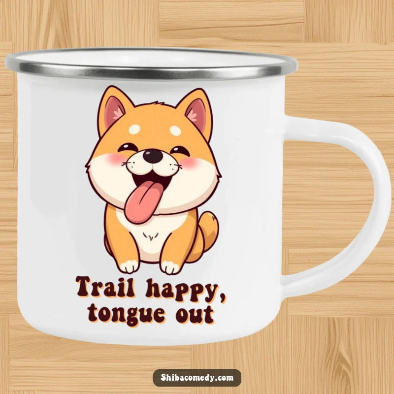Funny Shiba Inu camping mug showing a bouncy dog with its tongue out, ready for outdoor fun.