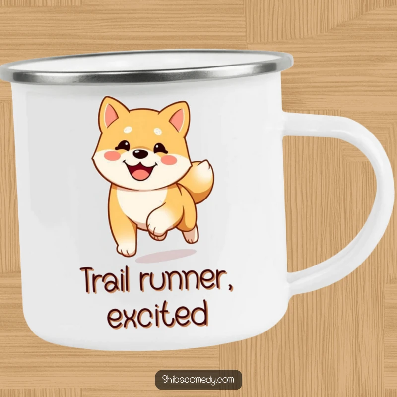 Funny happy Shiba Inu camping mug showing a dog running towards the viewer with its tail wagging, full of joy.