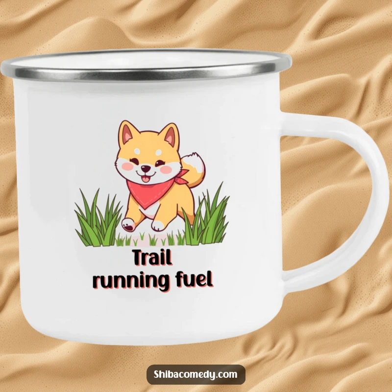 Funny Shiba Inu camping mug featuring a happy dog in a bandana bounding through grass, perfect for outdoor enthusiasts.