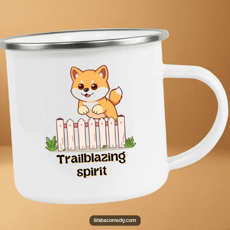 Funny camping mug featuring a determined Shiba Inu leaping over a garden fence, perfect for adventure.