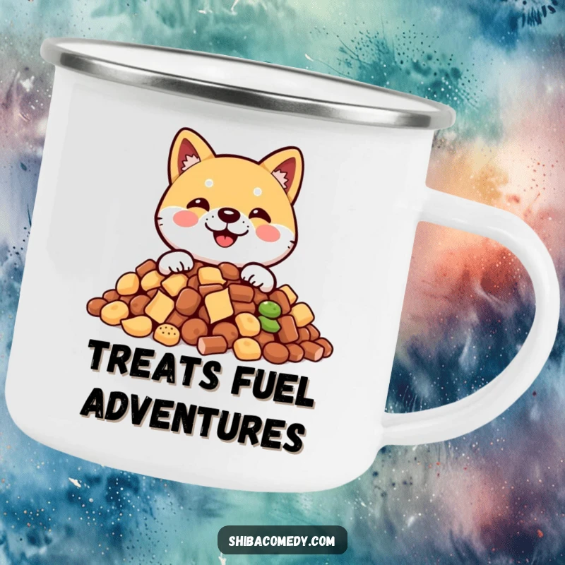 Funny Shiba Inu camping mug with a smiling dog peeking from behind a pile of treats, perfect for outdoor humor.
