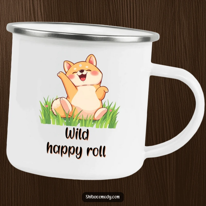 Funny Shiba Inu camping mug, a delighted dog rolls on its back in a grassy field, durable humorous outdoor gift.