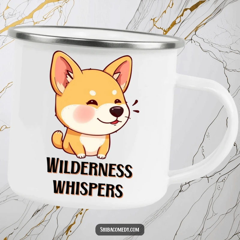 Funny camping mug featuring a Shiba Inu with wide, perked ears, listening intently, perfect for outdoor observation.