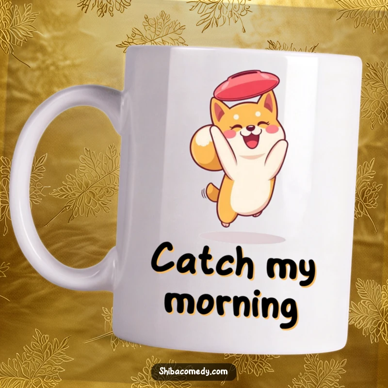 Funny Shiba Inu mug: a smiling Shiba Inu with a curled tail leaps gracefully to catch a frisbee in mid-air, showing athletic fun.
