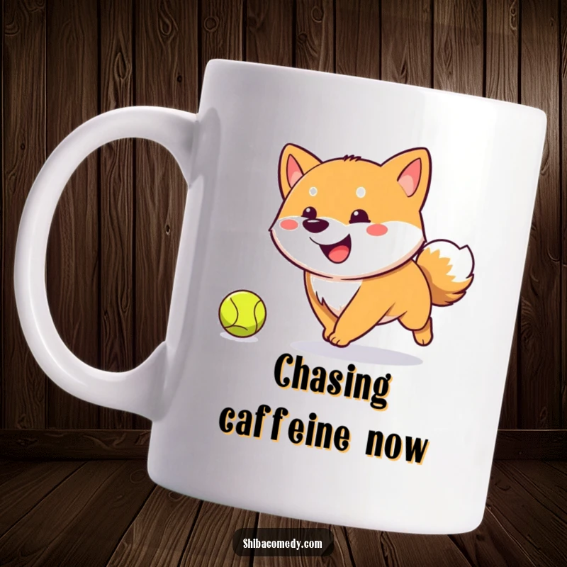 Funny Shiba Inu mug featuring a happy dog with a wagging tail enthusiastically chasing a tennis ball, embodying pure playful joy.
