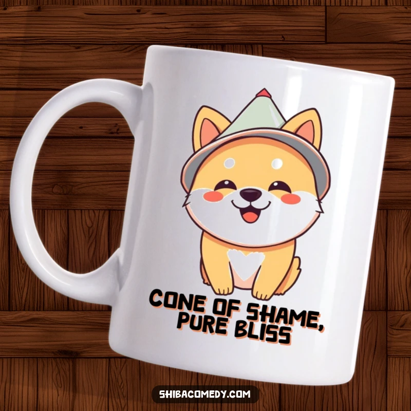 Funny Shiba Inu in a cone hat looking delighted, perfect for a humorous dog lover's mug gift.