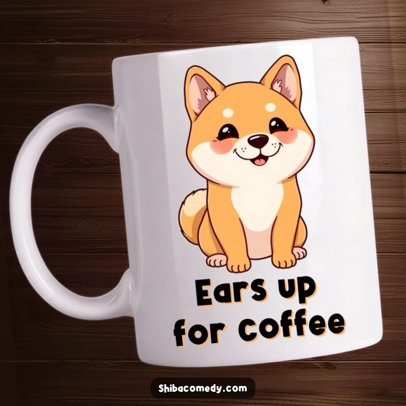 Funny Shiba Inu Mug: A cheerful Shiba Inu with alert, perked ears is depicted listening intently, radiating cute curiosity.