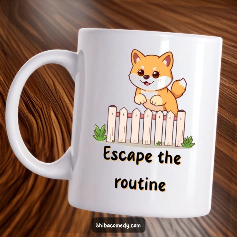 Funny mug featuring a determined Shiba Inu dog leaping courageously over a low garden fence with focus.