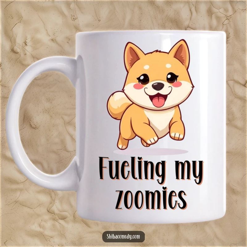 Funny Shiba Inu mug depicting an eager dog ready for a run, inspiring motivation and joy for active pet owners.
