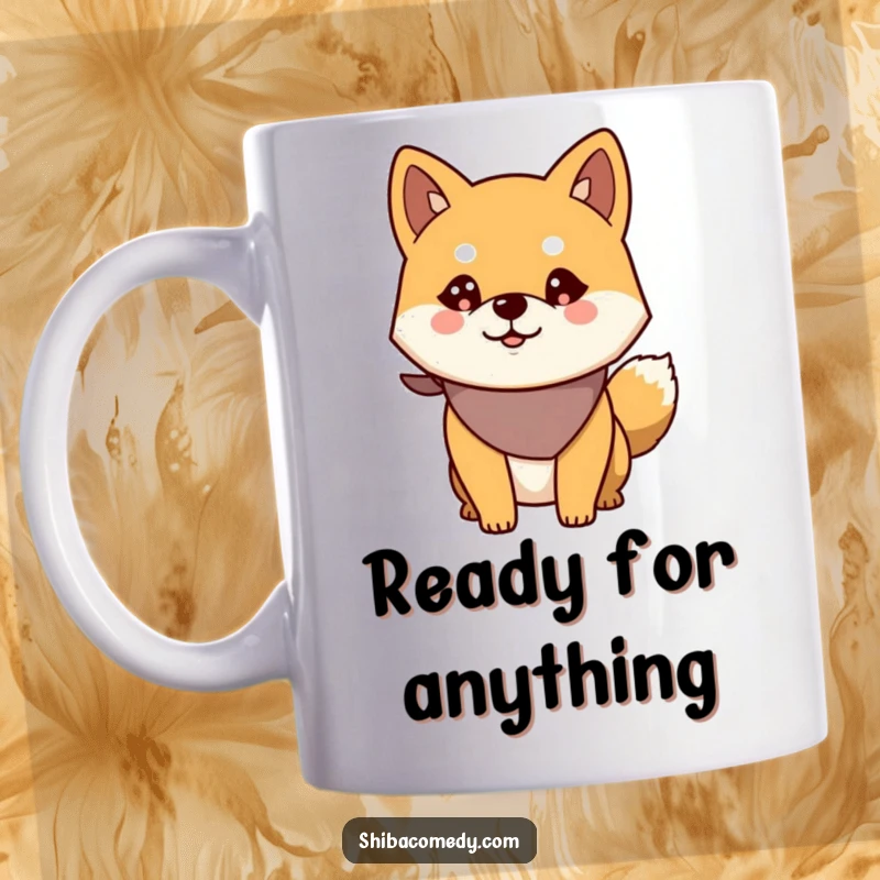 Funny Alert Shiba Inu Mug: Dog wearing a bandana, looking sharp and attentive, ready to protect your coffee.