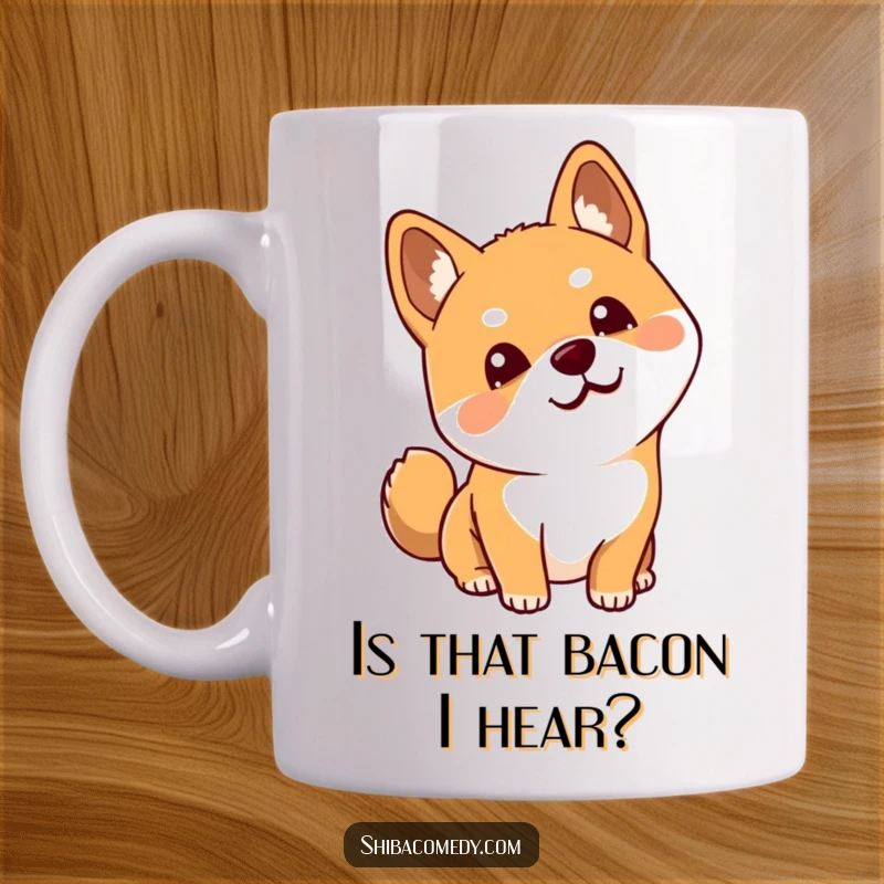 Funny curious Shiba Inu mug, tilting head adorably with perked ears, depicting a moment of pure canine wonder and amusement.
