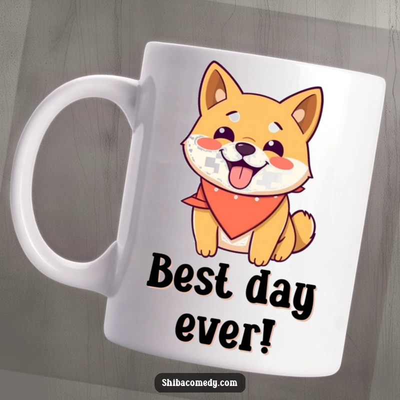 Funny smiling Shiba Inu mug wearing a bandana, panting happily, radiating pure joy and a cheerful, friendly vibe.