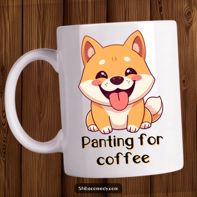 Funny Shiba Inu Mug featuring a happy Shiba Inu character with a wide grin, panting playfully, radiating pure contentment.